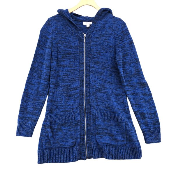 D & Co Sweater Womens XXS Blue Marled Cardigan Full Zip Hooded Pockets Lounge - Picture 1 of 10